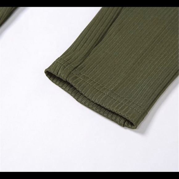Olive colored Deep V rib knit sleeveless jumpsuit - Picture 8 of 9